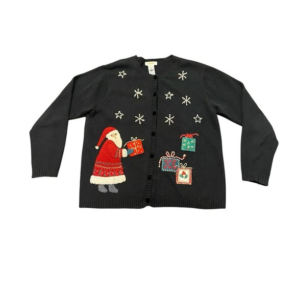 Talbots‎ Sweater Womens Size L Santa Embroidered Ramie Blend 90s Ugly Beautiful - Picture 1 of 7